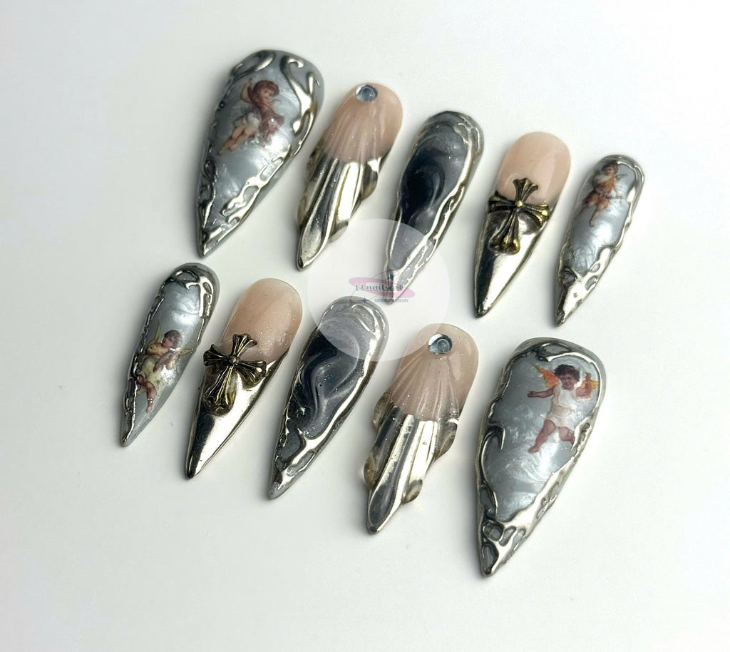 Handmade Vintage Angel Press-On Nails | Silver Chrome Gothic Cross Stiletto Nails | Baroque Luxury Nail Set