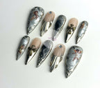Handmade Vintage Angel Press-On Nails | Silver Chrome Gothic Cross Stiletto Nails | Baroque Luxury Nail Set