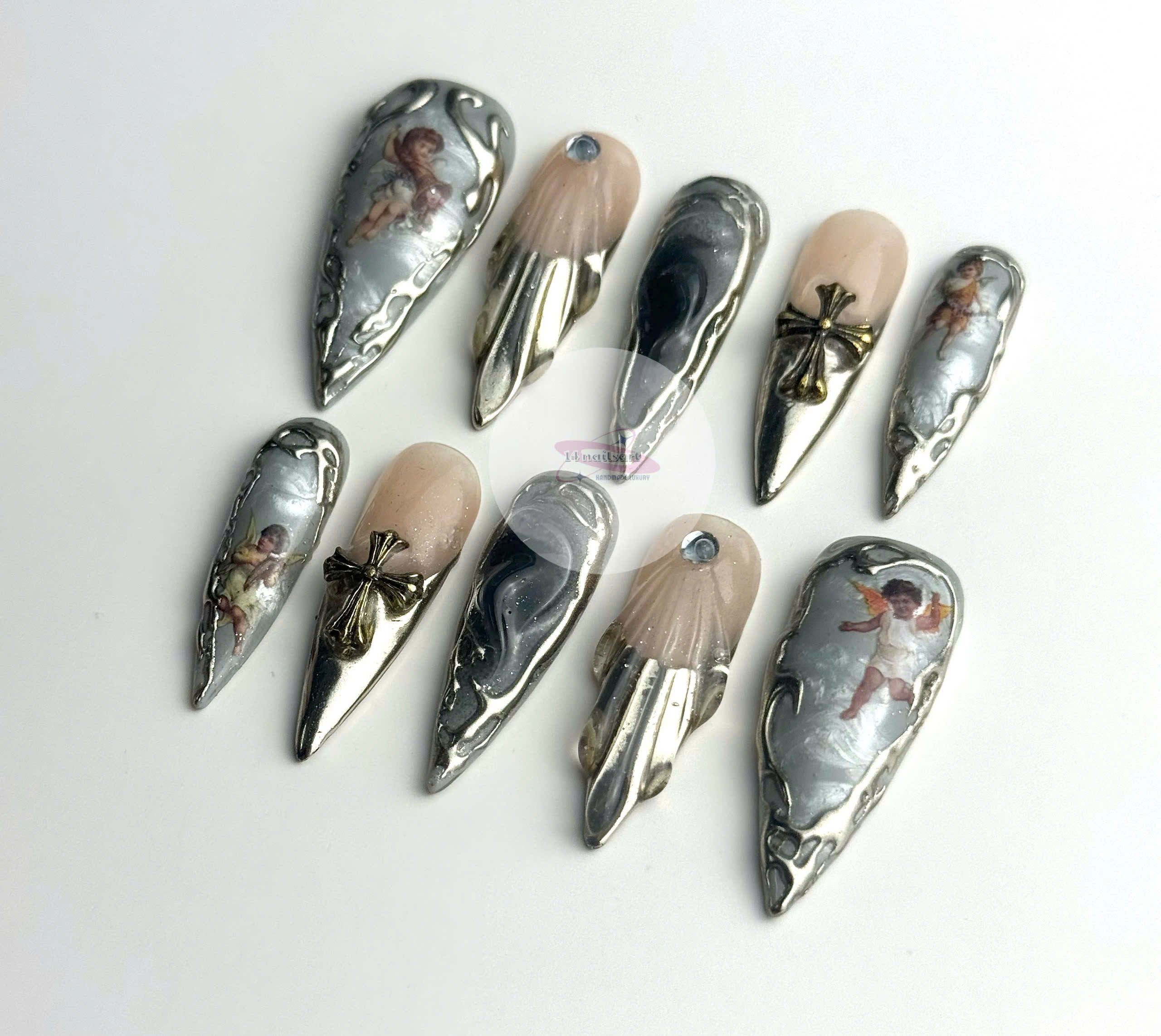Handmade Vintage Angel Press-On Nails | Silver Chrome Gothic Cross Stiletto Nails | Baroque Luxury Nail Set