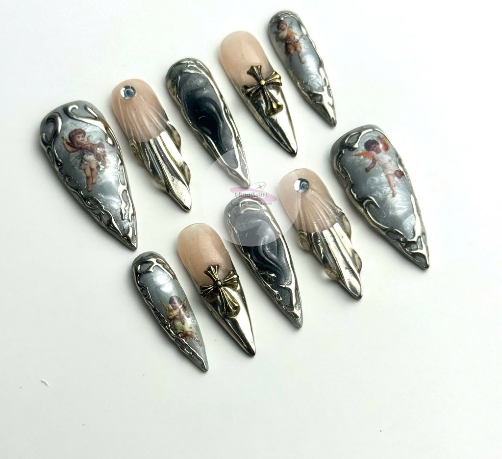 Handmade Vintage Angel Press-On Nails | Silver Chrome Gothic Cross Stiletto Nails | Baroque Luxury Nail Set