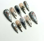 Handmade Vintage Angel Press-On Nails | Silver Chrome Gothic Cross Stiletto Nails | Baroque Luxury Nail Set