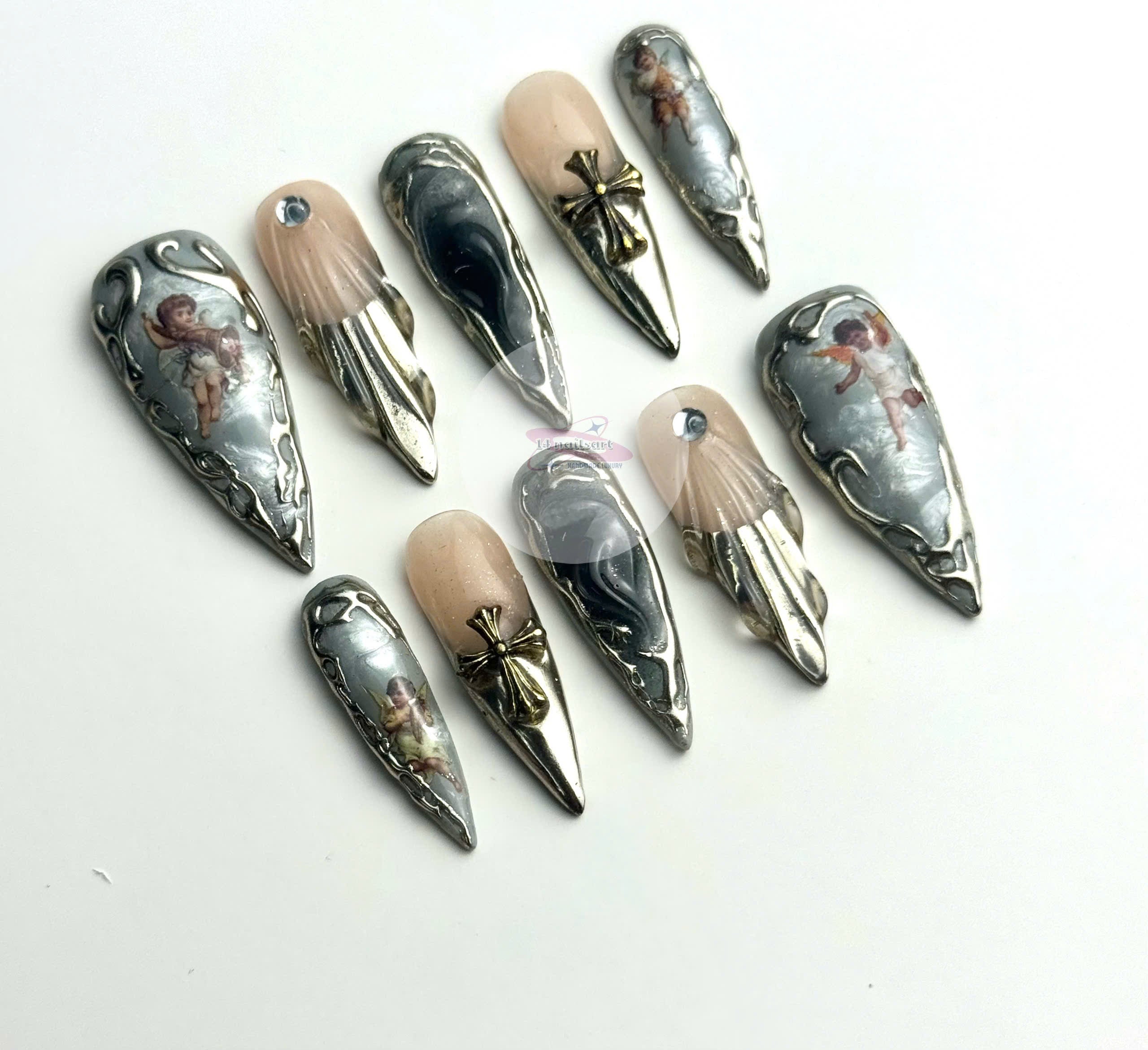 Handmade Vintage Angel Press-On Nails | Silver Chrome Gothic Cross Stiletto Nails | Baroque Luxury Nail Set